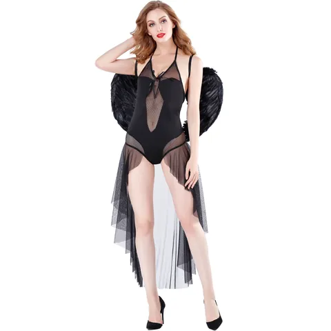 Women Sexy Dark Angel Cosplay Costume Halloween Vampire Bodysuit Dress With Wings Milk Silk Mesh Party Outfit Black Gothic Costume