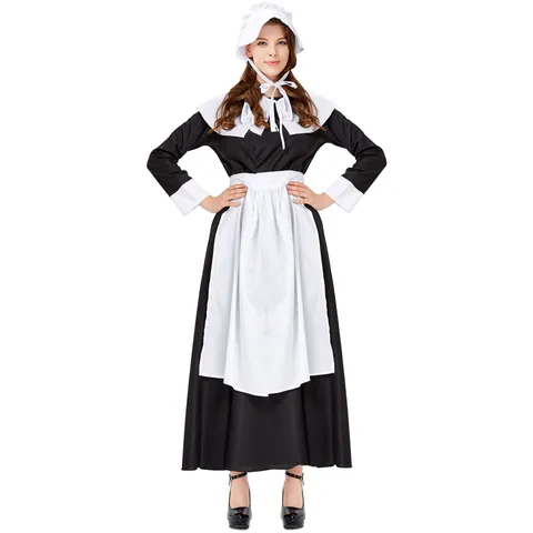 Costume de Servante Vintage Noir Blanc Femme Robe Maxi Manches Longues Avec Tablier Chapeau Halloween Cosplay Polyester