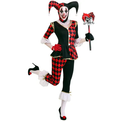 Damen Gruseliger Clown Cosplay Kostüm Set Schwarz Rot Rautenmuster Halloween Party Outfit Mit Hut Handschuhen Für Auftritte