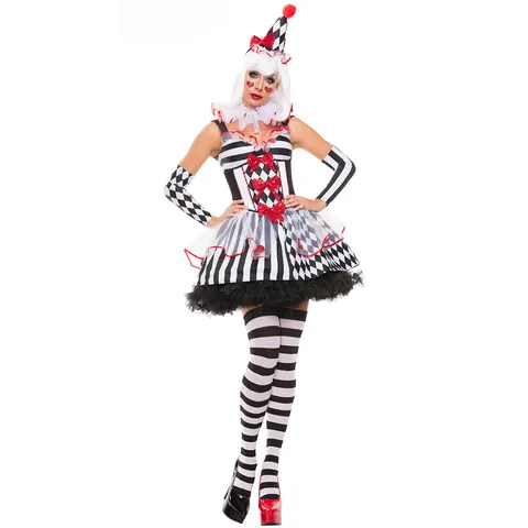 Conjunto de Disfraz de Payaso Arlequín de Halloween para Mujer Vestido a Cuadros y Rayas Con Sombrero Gargantilla Mangas Cosplay Traje de Escenario
