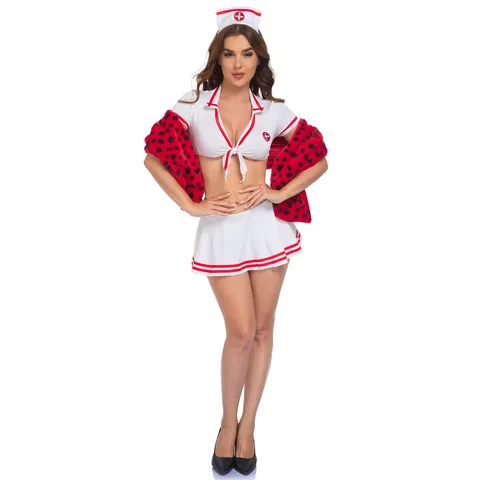 Femme Sexy Imprimé Léopard Châle Infirmière Uniforme Ensemble Jeu de Rôle Cosplay Costume Lingerie Polyester Top et Bas Nuit