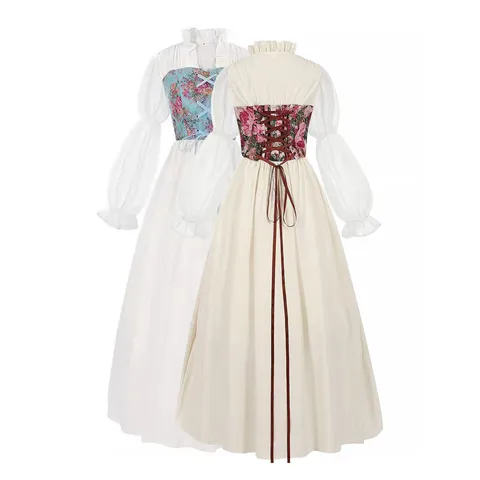 Robe de Cour Médiévale Renaissance pour Femme avec Corset Floral Lacet Robe Vintage Manches Bouffantes Robe Longue pour Halloween Spectacle Cosplay Party Outfit
