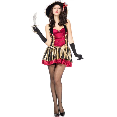 Women Gothic Pirate Captain Costume Halloween Roleplay Sailor Dress Set With Hat Gloves For Party Carnival Masquerade