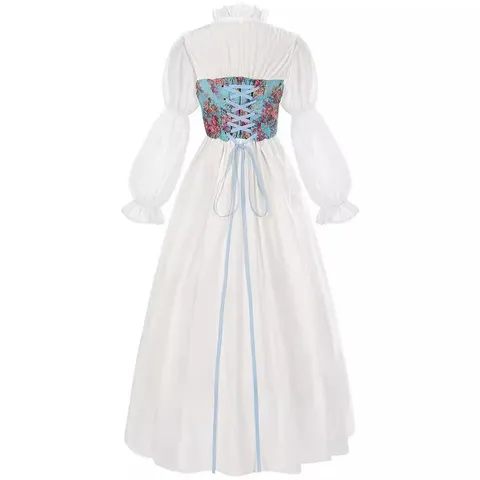 Robe de Cour Médiévale Renaissance pour Femme avec Corset Floral Lacet Robe Vintage Manches Bouffantes Robe Longue pour Halloween Spectacle Cosplay Party Outfit