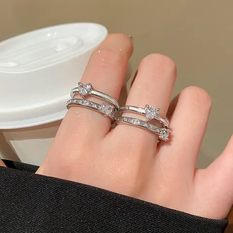 Koreanischer Stil Kupfer Zirkonia Doppelschicht Herz Offener Ring Für Damen Verstellbarer Mode Finger Schmuck Zubehör