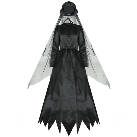 Women Halloween Ghost Witch Vampire Bride Costume Gothic Black Mesh Long Dress Cosplay Party Performance Outfit