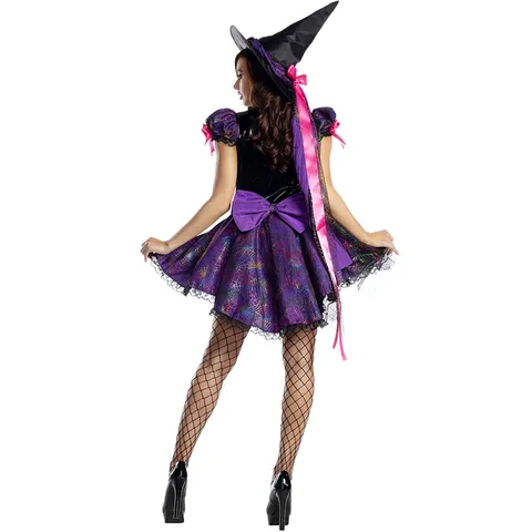 Damen Halloween Spinnennetz Hexe Kostüm Mit Lila Spitze Kleid Und Spitzhut Für Festival Party Bühne Performance Cosplay Kleid