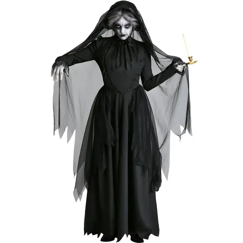 Women Halloween Ghost Witch Vampire Bride Costume Gothic Black Mesh Long Dress Cosplay Party Performance Outfit