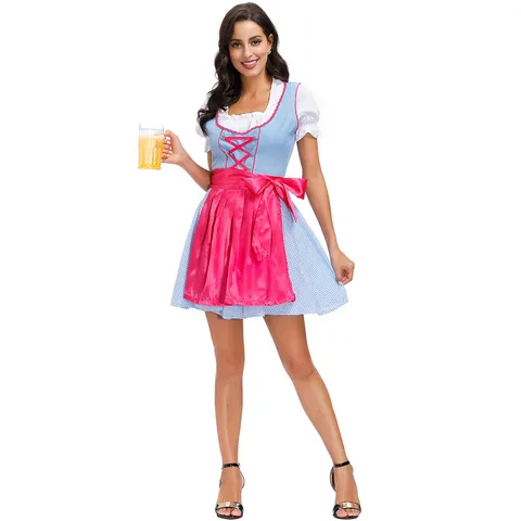 Γυναικεία Παραδοσιακή Βαυαρική Στολή Dirndl Oktoberfest Φόρεμα Σερβιτόρας Μπίρας Ροζ Ποδιά για Παράσταση Halloween