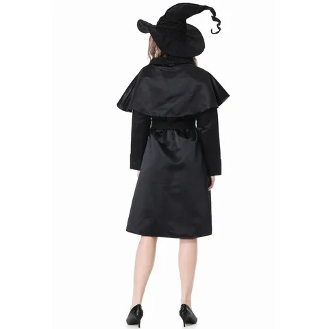 Women Kids Halloween Witch Costume Set Evil Magic Wizard Cosplay Dress With Cloak Hat Belt Masquerade Party Performance Outfit