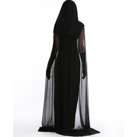 Vampire Bride Witch Costume Halloween Masquerade Gothic Hooded Maxi Dress Mesh Cloak Gloves Women Cosplay Party Outfit