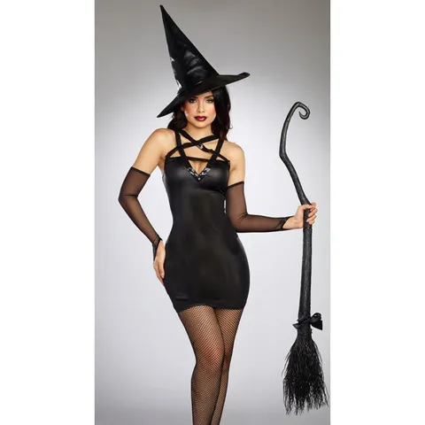 Women Sexy Black Witch Costume Set With Pointed Hat And Dress For Halloween Cosplay Masquerade Party Performance Apparel