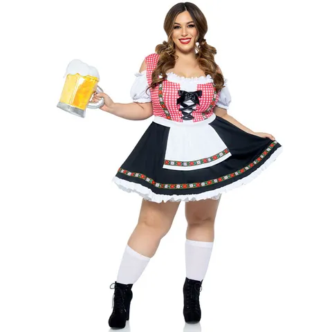 Robe Dirndl de Fête de la Bière pour Femme en Polyester à Carreaux Costume Cosplay de Servante pour Halloween et Fête