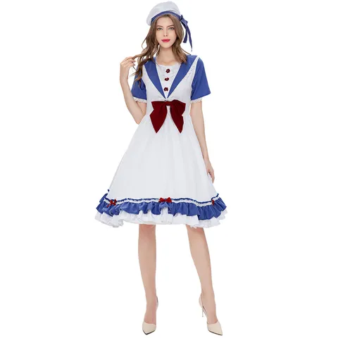 Women Sailor Suit Cosplay Costume Anime Role Play Dress And Hat Set For Halloween Party Stage Performance Blue White Clothing