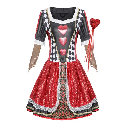 Sexy Women Queen Of Hearts Cosplay Costume Polyester Red Black Sequins Lace Halloween Party Dress Headband And Scepter Accessories