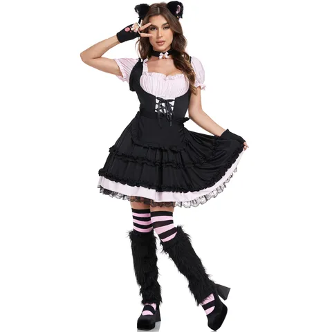 Sweet Lolita Cat Girl Maid Cosplay Costume Set Black Pink Contrast Dress With Cat Ear Headband Gloves For Halloween Party Women