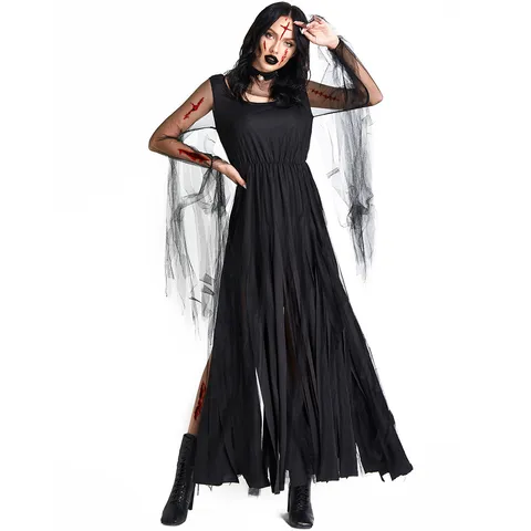 Women's Gothic Black Ghost Bride Cosplay Dress Adult Scary Vampire Outfit Halloween Tulle Zombie Costume With Neck Ring Party Wear