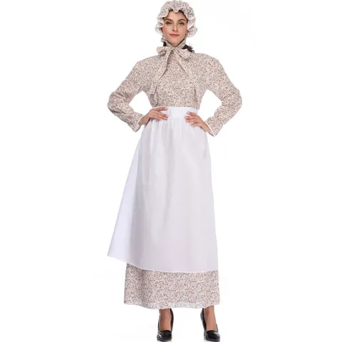 Set Costume da Lupo della Nonna delle Fiabe per Donna Adulta Abito Lungo a Fiori Grembiule Bianco per Cosplay di Halloween