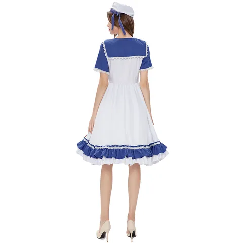 Women Sailor Suit Cosplay Costume Anime Role Play Dress And Hat Set For Halloween Party Stage Performance Blue White Clothing