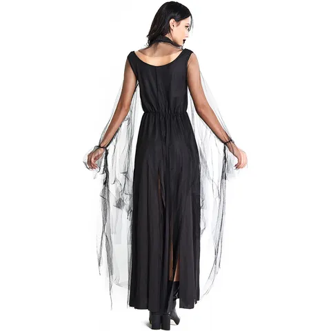 Women's Gothic Black Ghost Bride Cosplay Dress Adult Scary Vampire Outfit Halloween Tulle Zombie Costume With Neck Ring Party Wear