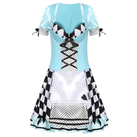 Damen Sexy Alice Dienstmädchen Cosplay Kostüm Polyester Kariert Puffärmel Kleid Halloween Party Rollenspiel Outfit
