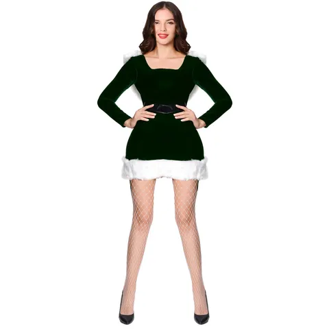 Women Green Corduroy Long Sleeve Christmas Cosplay Hooded Dress With White Faux Fur Trim And Belt Holiday Party Outfit