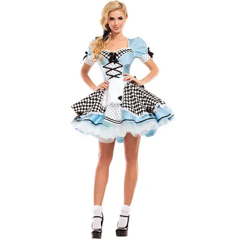 Damen Sexy Alice Dienstmädchen Cosplay Kostüm Polyester Kariert Puffärmel Kleid Halloween Party Rollenspiel Outfit