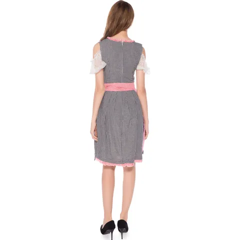Women Oktoberfest Dirndl Dress Traditional Bavarian Beer Maid Costume For Halloween Party Plaid Cotton Blend Lace Dress With Apron