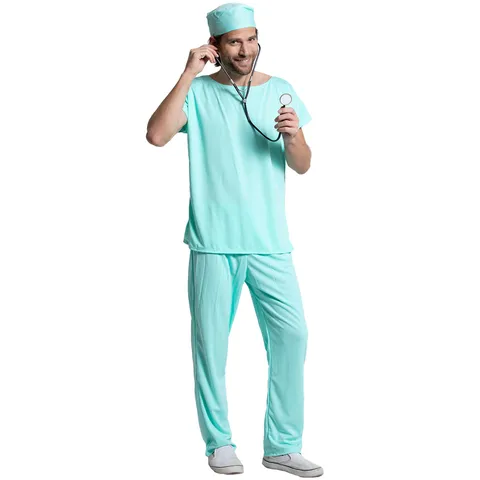 Men Horror Bloody Surgeon Doctor Costume Halloween Cosplay Uniform Set Polyester Surgical Top Pants Hat
