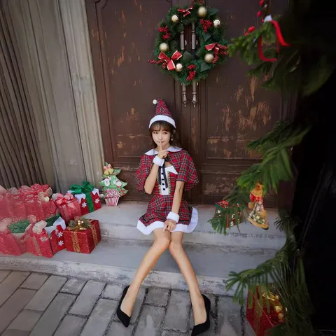 Women Sexy Christmas Costume Set Red Plaid Cosplay Outfit With Cape Hat Dress For Holiday Stage Performance Party Wear