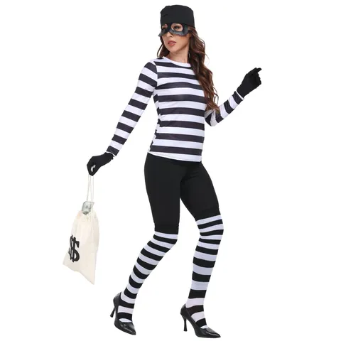 Dames Gestreepte T-shirt Met Lange Mouwen Inbreker Cosplay Kostuum Voor Halloween Dief Verkleedpak Met Masker Hoed Handschoenen Tas Kousen