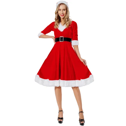 Vestito di Natale da Donna in Velluto Con Cappello di Babbo Natale e Cintura Rosso Bianco Bordo in Peluche Abbigliamento per Feste