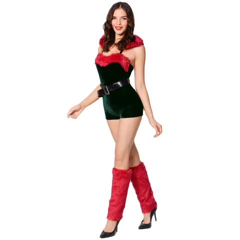 Sexy Weihnachts-Cosplay-Kostüm Für Damen Grüner Samt Kapuzen-Jumpsuit Roter Kunstpelzbesatz Santa Outfit Mit Beinschützern Party-Bühnenkleidung