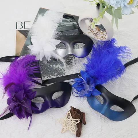 Half Face Feather Masquerade Mask With Detachable Side Flower For Halloween Carnival Party Costume Dress Up Props