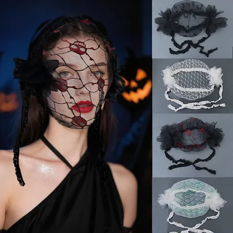 Halloween Gótico Encaje Velo Tocados Calavera Flor Malla Máscara Cosplay Fiesta Disfraz Rendimiento Carnaval Accesorios Cabello