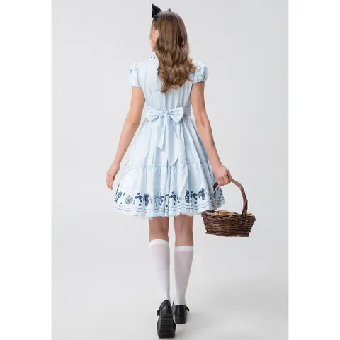Women Alice In Wonderland Cosplay Costume Japanese Lolita Princess Dress Sky Blue Maid Outfit With Headband Printed Floral Dress