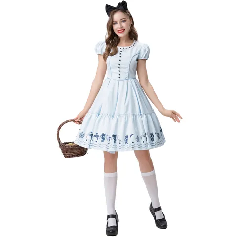Women Alice In Wonderland Cosplay Costume Japanese Lolita Princess Dress Sky Blue Maid Outfit With Headband Printed Floral Dress