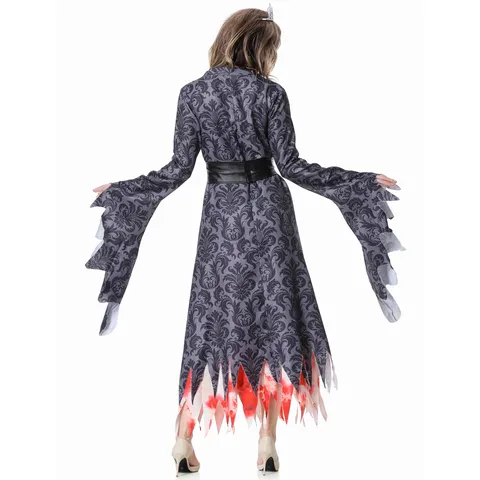 Women's Halloween Bloody Ghost Bride Costume Dark Pattern Gothic Dress For Horror Party Cosplay Outfit With Crown Belt Polyester Apparel