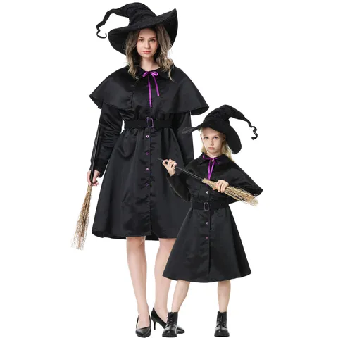 Women Kids Halloween Witch Costume Set Evil Magic Wizard Cosplay Dress With Cloak Hat Belt Masquerade Party Performance Outfit