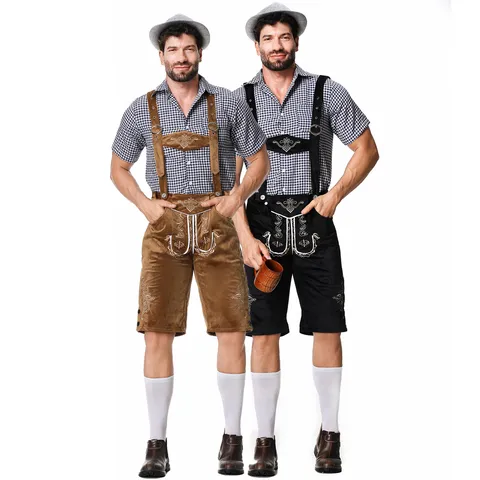 Herren Traditionelles Bayerisches Oktoberfest Kostüm Set Bestickte Lederhosen Kariertes Hemd Deutscher Bierfest Bühne Party Top And Bottom