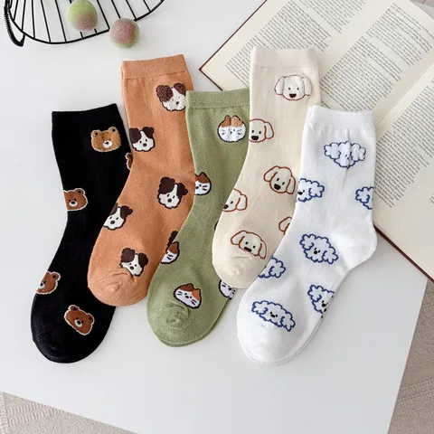 Women Cute Cartoon Animal Flocked Combed Cotton Mid Tube Socks Preppy Style Casual Fall Winter Warm Hosiery