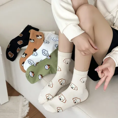Women Cute Cartoon Animal Flocked Combed Cotton Mid Tube Socks Preppy Style Casual Fall Winter Warm Hosiery