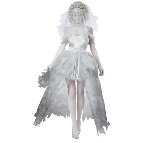 Dames Gothic Vampier Bruid Halloween Kostuum Polyester Mesh Kant Jurk Met Sluier Voor Cosplay Feest Rollenspel Outfit