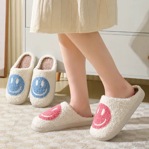Winter Warm Plush Cotton Slippers For Couples Indoor Cute Cartoon Smiley Face Thick Bottom Non Slip Fuzzy House Shoes
