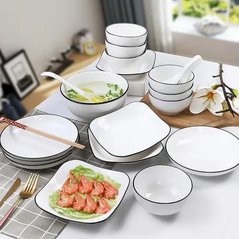 Jingdezhen Style Japonais Céramique Bol Et Assiette Ensemble Nordique Minimaliste Sous-glaçure Bord Noir Vaisselle Pour Cuisine