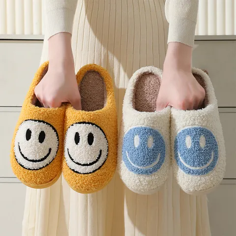Winter Warm Plush Cotton Slippers For Couples Indoor Cute Cartoon Smiley Face Thick Bottom Non Slip Fuzzy House Shoes
