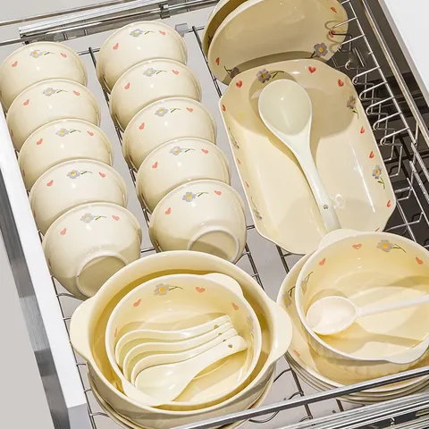 Cream Style Ceramic Rice Bowl Plate Tableware Set Cute Floral Underglaze Color Kitchen Dining Dish Dinnerware