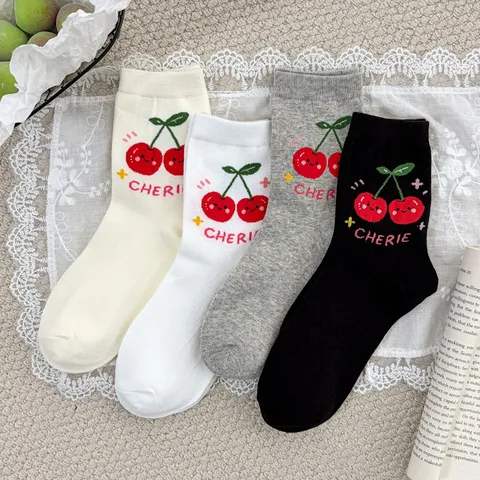 Women Casual Combed Cotton Mid Tube Socks Cute Cherry Pattern Sweet Ins Style Fashion Everyday Hosiery