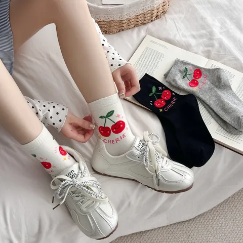 Women Casual Combed Cotton Mid Tube Socks Cute Cherry Pattern Sweet Ins Style Fashion Everyday Hosiery