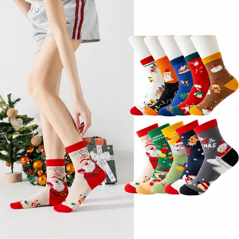 Women Christmas Cartoon Cotton Mid Tube Socks Cute Elk Snowman Winter Casual Couple Socks